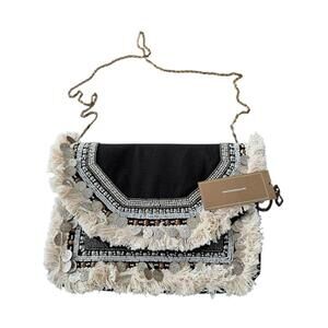 Francesca’s Black Canvas Crossbody Fringe Coins Chain Strap Made In India